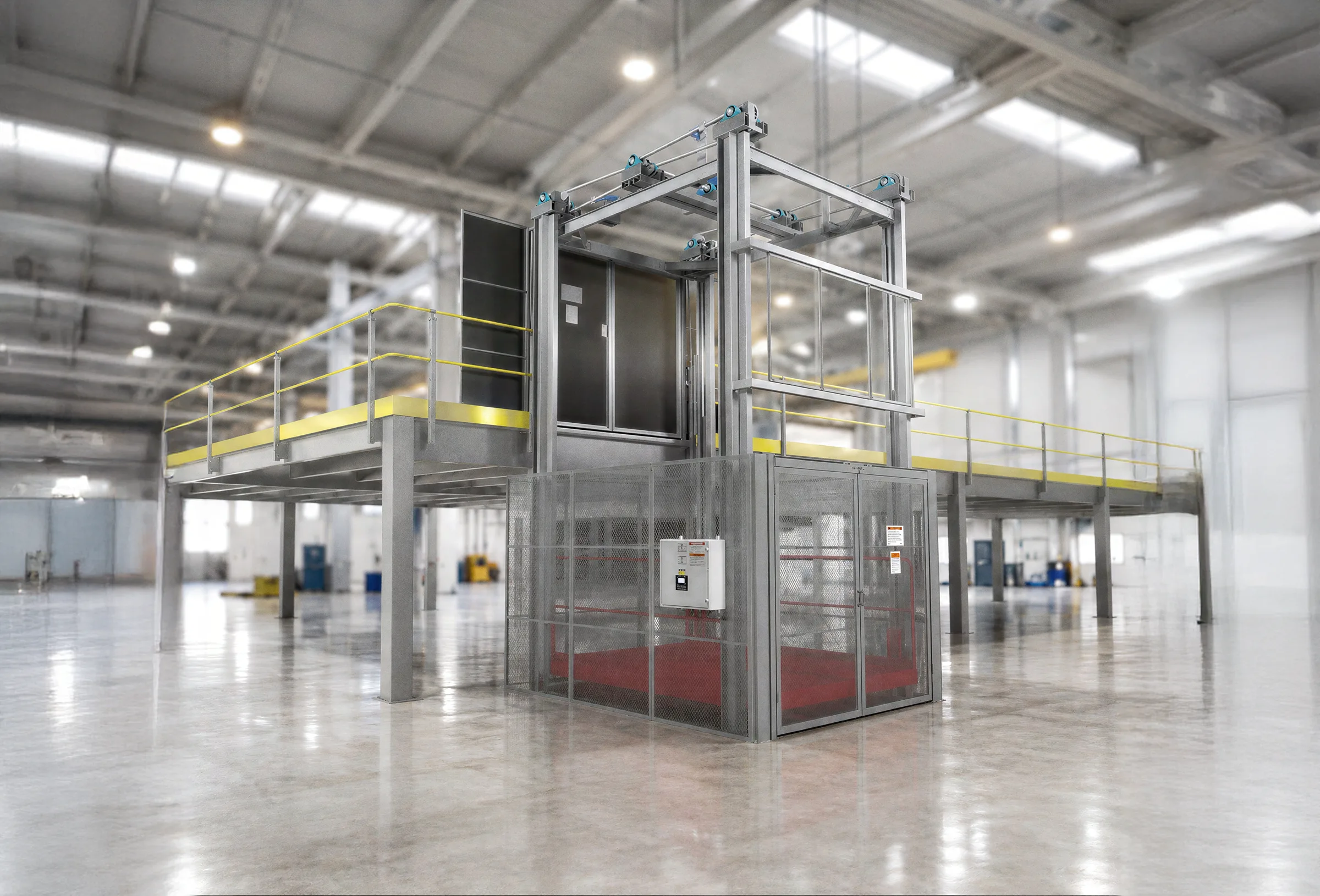 Vertical reciprocating conveyor with safety railings in a modern warehouse