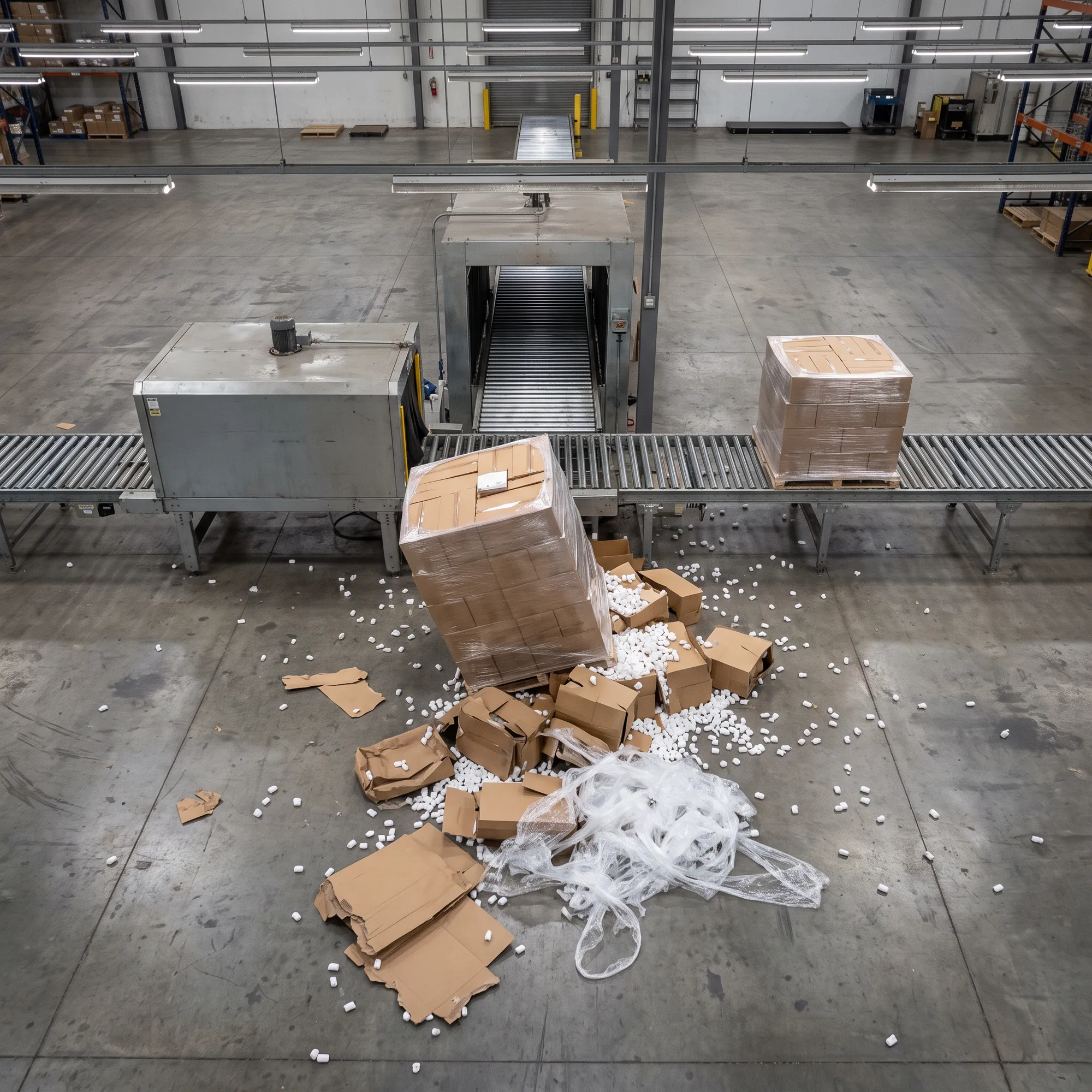 Damaged carton spilling packing material beside a conveyor cart