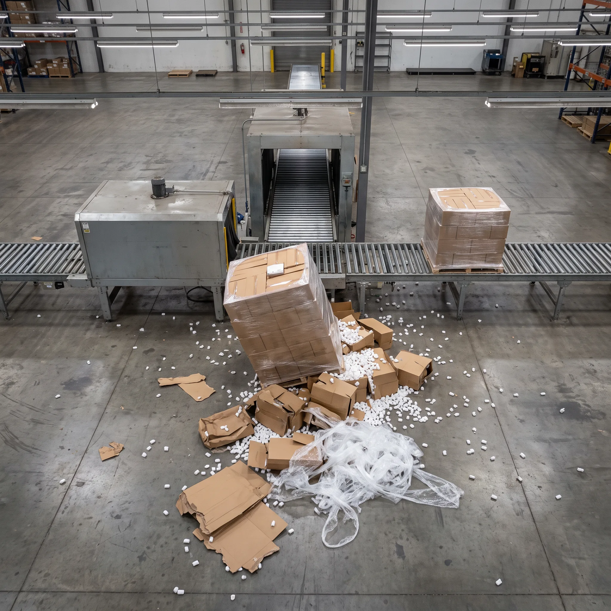 Torn cartons and packing material spilled on a conveyor